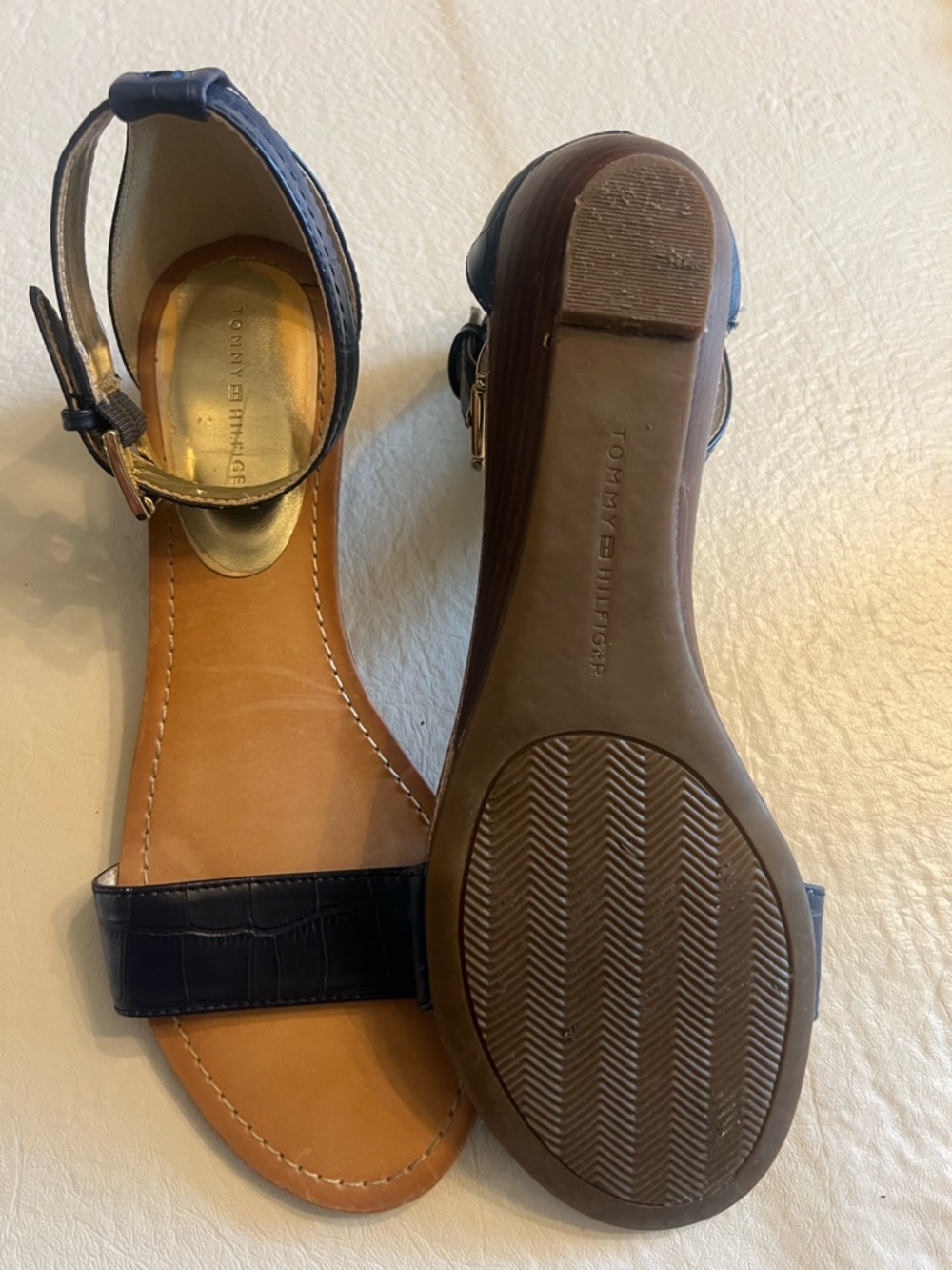 Tommy Hilfiger Navy Croc-Embossed Ankle-Strap Sandals - Picture 6 of 8